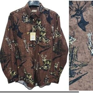 Rugged Earth Button Up Shirt Mens Medium Brown Deer Hunting All Over Print New